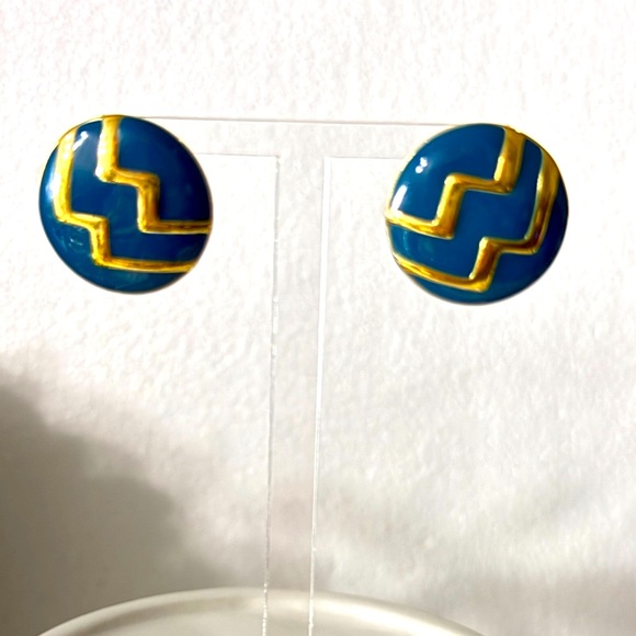Monet Jewelry - Enamel Blue and Gold Vintage Monet Earrings